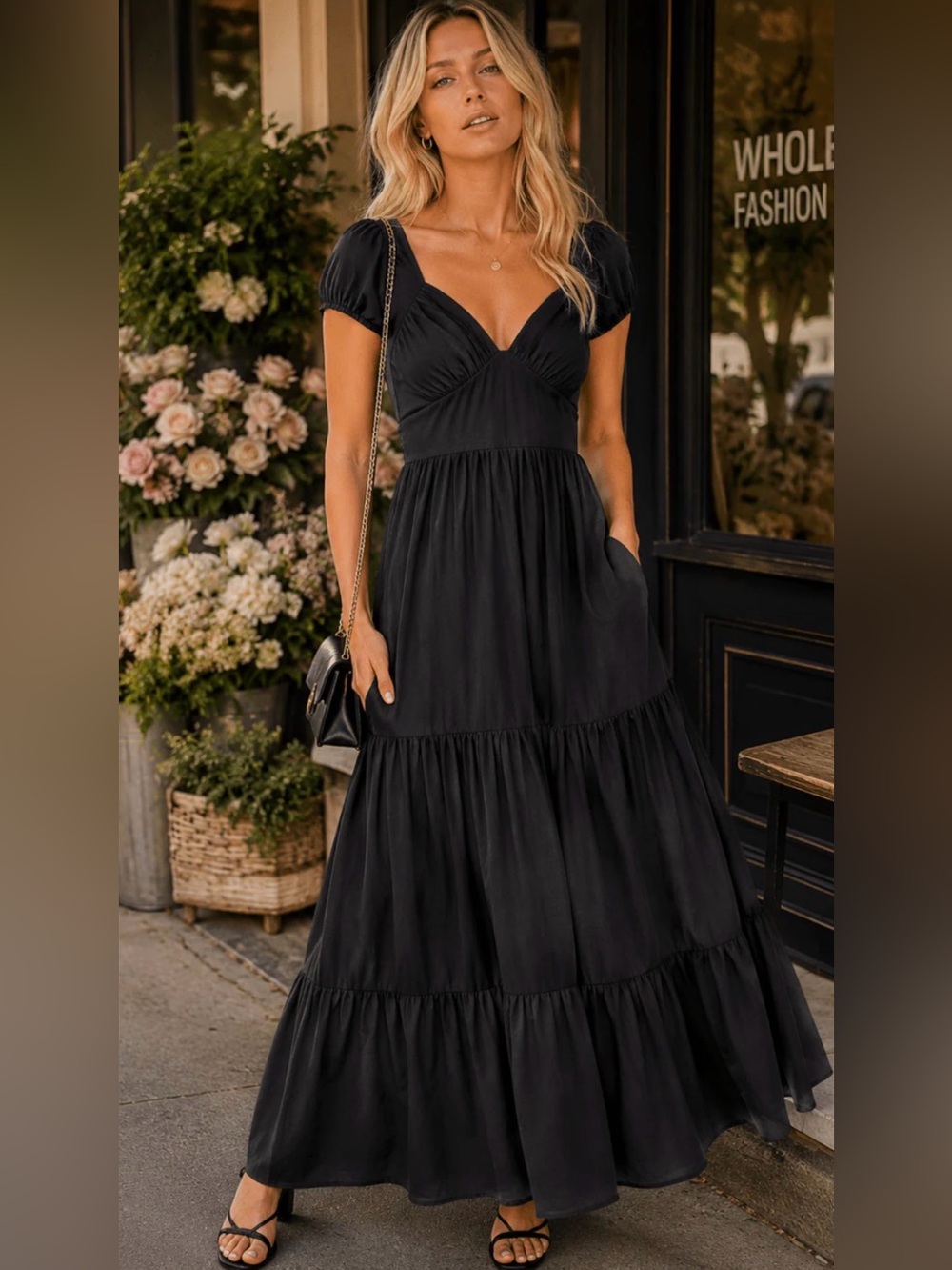 Elegant Black Maxi Dress with Puff Sleeves and Tiered Skirt